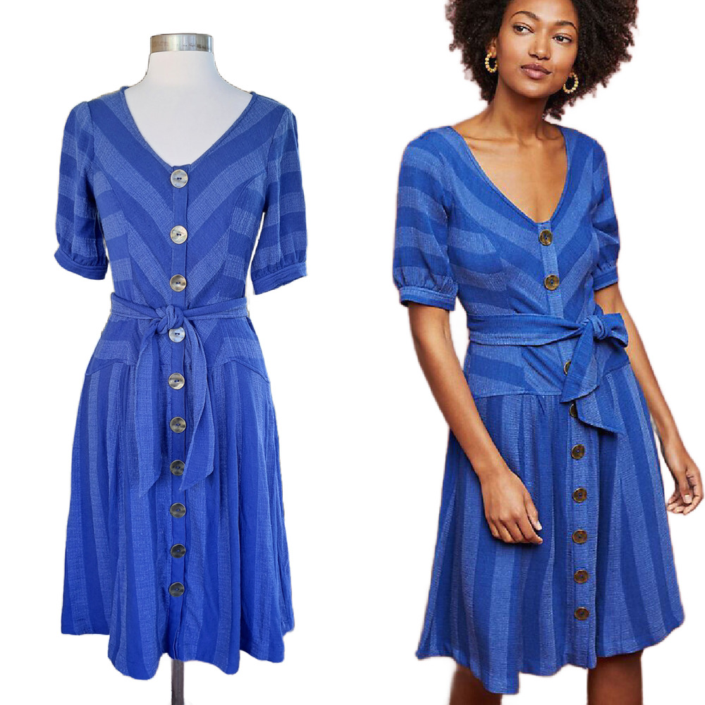 Anthropologie Blue Striped Button Front Tie Waist Midi Dress 6
